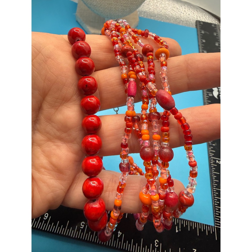 Boho Red Orange Beaded Bracelet Set Multi-Strand Seed Bead Polished Bead‎ 2pc